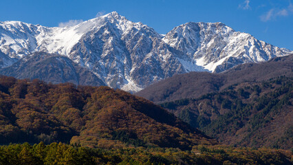 快晴の空と冠雪の北アルプス　長野県白馬村