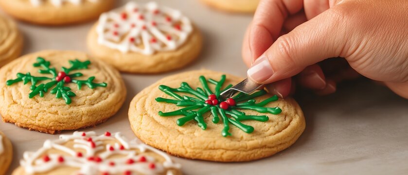 Closeup of hands decorating Christmas cookies, focus on holiday baking and festive fun, warm kitchen