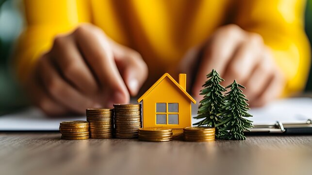 Understanding Mortgages: A Visual Guide to Home Finance with Coins and House Models. Property Loan and Credit Concept