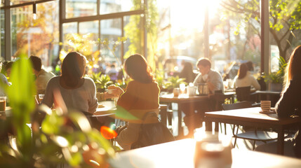 A warm and inviting cafe scene with sunlight streaming through large windows, creating cozy atmosphere