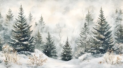 Fototapeta premium Watercolor Christmas trees seamless pattern winter forest soft greens whites snowy branches holiday decor