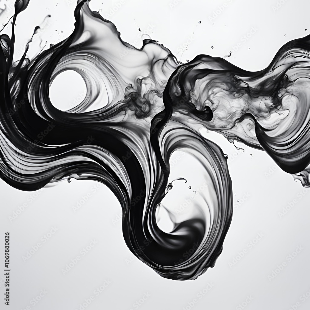 Poster an abstract study of movement and form, captured in this dynamic image of swirling black ink. perfec