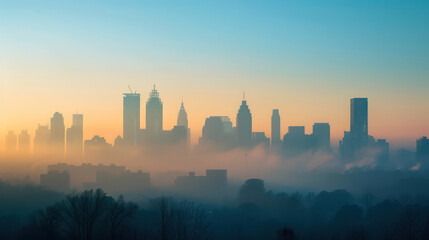 Fototapeta premium A stunning city skyline at dawn, shrouded in mist and soft colors
