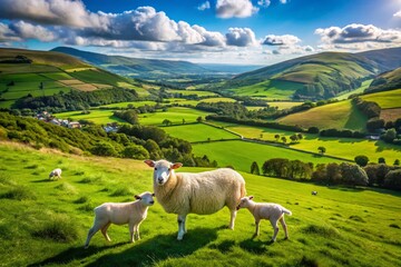 Newborn Lamb Grazing in Green Meadow with Mother Sheep in Wicklow, Ireland - A Serene Farm Animal Scene with Thick Wooly Coats under Clear Skies