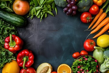 Fresh vegetables and fruits on dark background