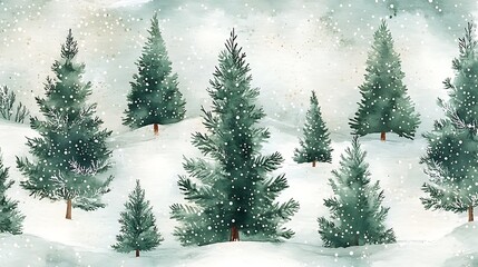 Fototapeta premium Seamless watercolor pattern Christmas trees winter forest frosty landscape green white hues holiday background