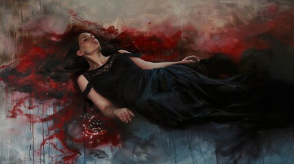 Fototapeta premium A Woman in a Black Dress Lying in a Pool of Red Paint: A Dramatic and Emotional Painting