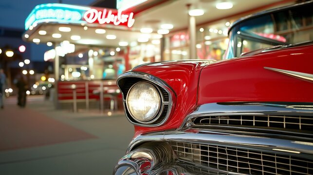Vintage car under neon diner lights at night, evoking retro aesthetic and atmosphere. AI generated