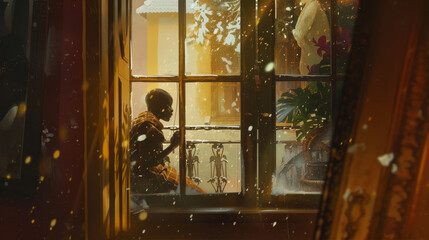 A man sits in a house near the window
