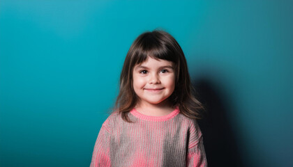 Fototapeta premium Portrait of an adorable three year old girl with a charming smile, radiating innocence and joy. Her bright eyes and cheerful expression capture the beauty and wonder of childhood, set against a soft