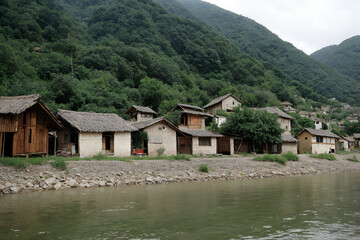 Obraz premium Scenic Village Nestled in Lush Green Hills by a River