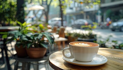 Morning coffee. White cup of coffee on table in outdoors cafe with blurred city street background 