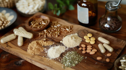 Natural supplements and herbs arranged on wooden board, showcasing various forms