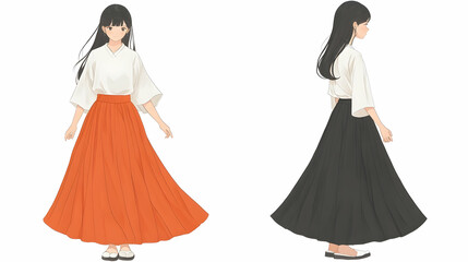 Illustration of a young woman in a white top and two different colored long skirts.