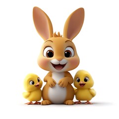 Fototapeta premium Cartoon Rabbit Playing with Chicks in 2D Style