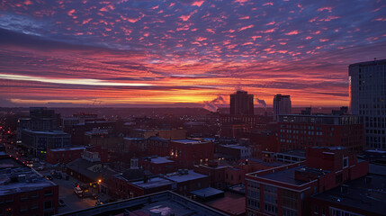 Stunning sunset over city skyline with vibrant colors and clouds