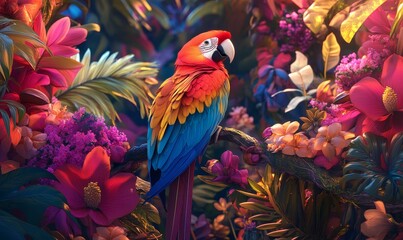 Obraz premium A colorful macaw perches on a branch amidst vibrant flowers.