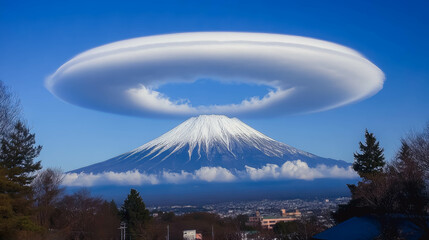 Mount Fuji topped with rare lenticular cloud, creating halo-like effect against clear blue sky. This captivating scene highlights natural beauty and unique weather phenomena around iconic mountain