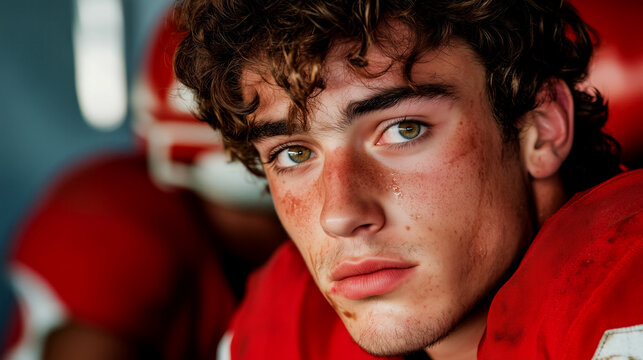 Intense young football player in team locker room - Powered by Adobe