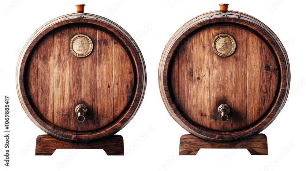 Poster set of wooden oak barrels displayed on a transparent background generative ai