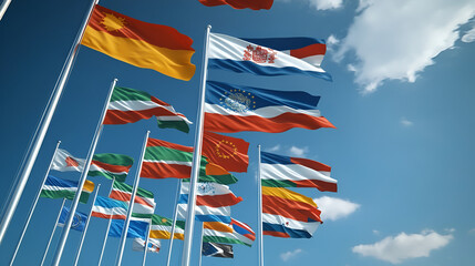 An assortment of international flags fluttering in the wind, representing the diversity and interconnectedness of cultures around the globe. Concept of global unity.