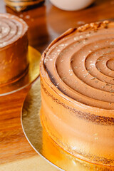 Delicious chocolate cakes, fluffy and soft. Gastronomy and confectionery. Hotel restaurant.