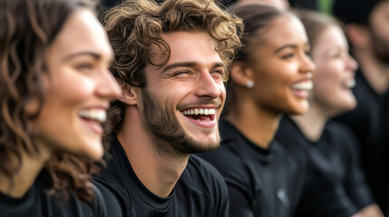 Fototapeta premium Joyful group of friends smiling during outdoor activity