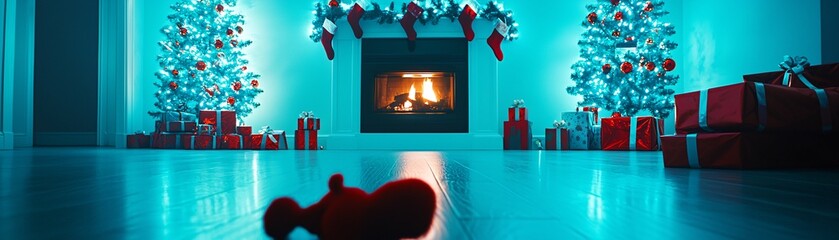 A serene holiday moment with a fireplace casting a warm glow across a festive room filled with traditional Christmas decorations.