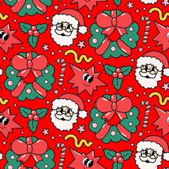 Christmas and Happy New Year seamless groovy pattern. Santa Claus, festive wreath, lollipop, candy, star, holy berry in cartoon style. Vector illustration for textile, wallpaper, wrapping paper
