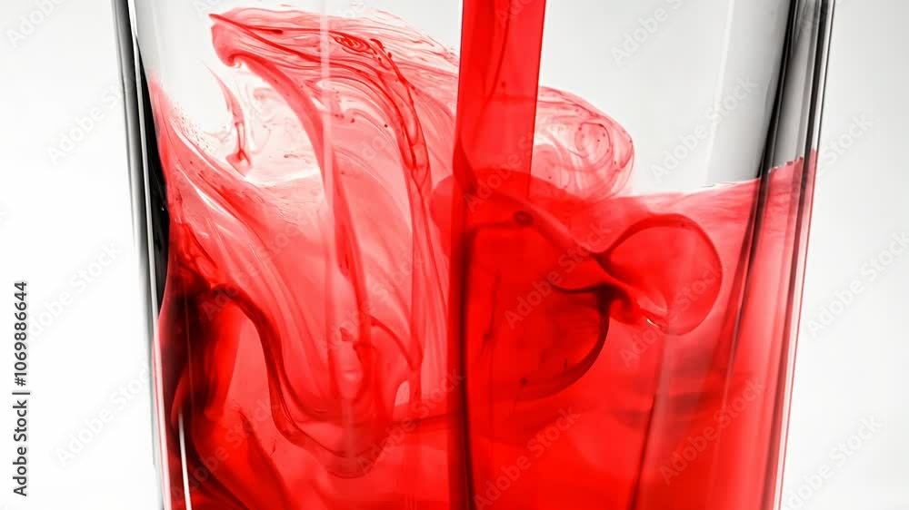 Poster camera zooms out from a drop of red ink falling into water, creating mesmerizing patterns with high-
