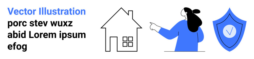 Female figure pointing towards a house icon next to a shield with a check mark. Ideal for real estate, property insurance, home safety, security services, residential care, home buying, online