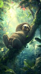 Naklejka premium A vertical image of a sloth resting high in a tree in a lush, green forest, captured in a 9:16 aspect ratio, suitable for a YouTube Short. generative ai