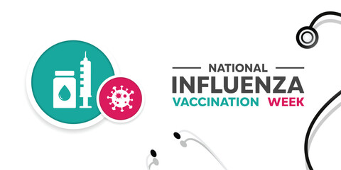 Influenza Immunization Vaccine Week. Syringe, virus, medicine and stesthoscope. Great for cards, banners, posters, social media and more. White background.