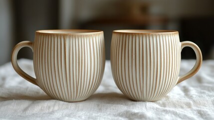 Elegant ceramic mugs on rustic fabric background enhancing modern minimalism