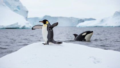 Obraz premium Emperor penguin is flapping its wings playful with A breaching endangered orca in the Salish Sea set against a serene backdrop of the Antarctic Peninsul