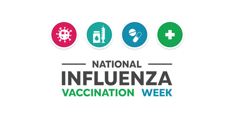 Influenza Immunization Vaccine Week. Virus, syringe, medicine and plus icon. Great for cards, banners, posters, social media and more. White background.