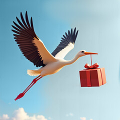 A stork flying with a gift box, symbolizing delivery services. Ideal for e-commerce, logistics, and holiday marketing materials, copy space © Juan Mari