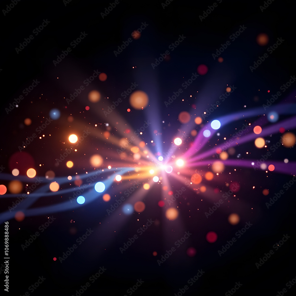 Poster vibrant light burst with multicolored bokeh effects on a dark background