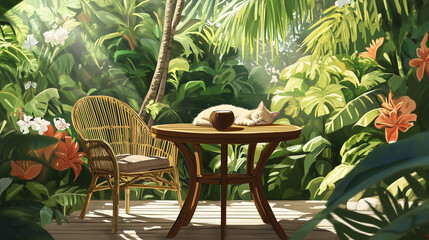 Obraz premium Relaxing Tropical Outdoor Scene with Fluffy Cat on Table