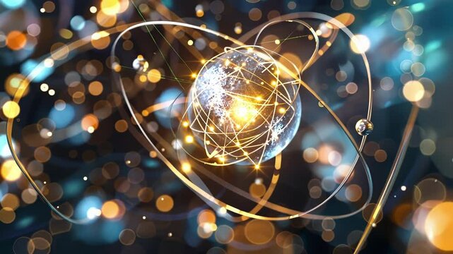Intricate 3D model of subatomic particles following distinct orbital paths around a nucleus.