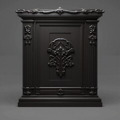 Ornate black cabinet with intricate detailing and classical design elements