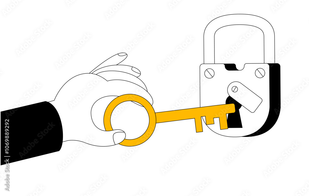 Poster hand with a peck opens a virtual lock. vector illustration concept on the topic of security in your 