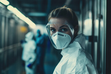 Female scientist wearing protective gear in sterile laboratory setting, focused and determined.