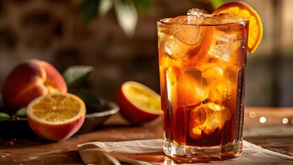 Refreshing Cold Peach Tea in a Tall Steamed Glass with Ice: Invigorating Summer Beverage