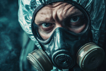 Close-up of a person in a gas mask and protective suit, focusing on intense eyes, conveying a sense of seriousness and urgency amid a bluish atmospheric backdrop.