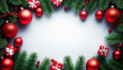 Festive christmas background with red ornaments and green pine branches