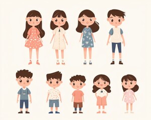 Fototapeta premium Cartoon images, illustrations that are character designs of people, both children and adults, both men and women, on a separate white background for use in various media.