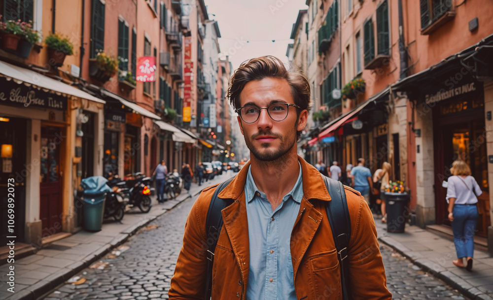 Poster man wearing glasses and a brown jacket stands in front of a building