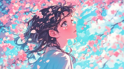 桜を見上げる若い女性