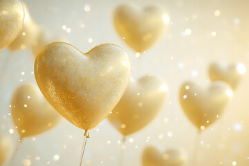 Obraz premium Golden heart-shaped balloons float in a softly lit room, creating a romantic atmosphere perfect for celebrations or special occasions
